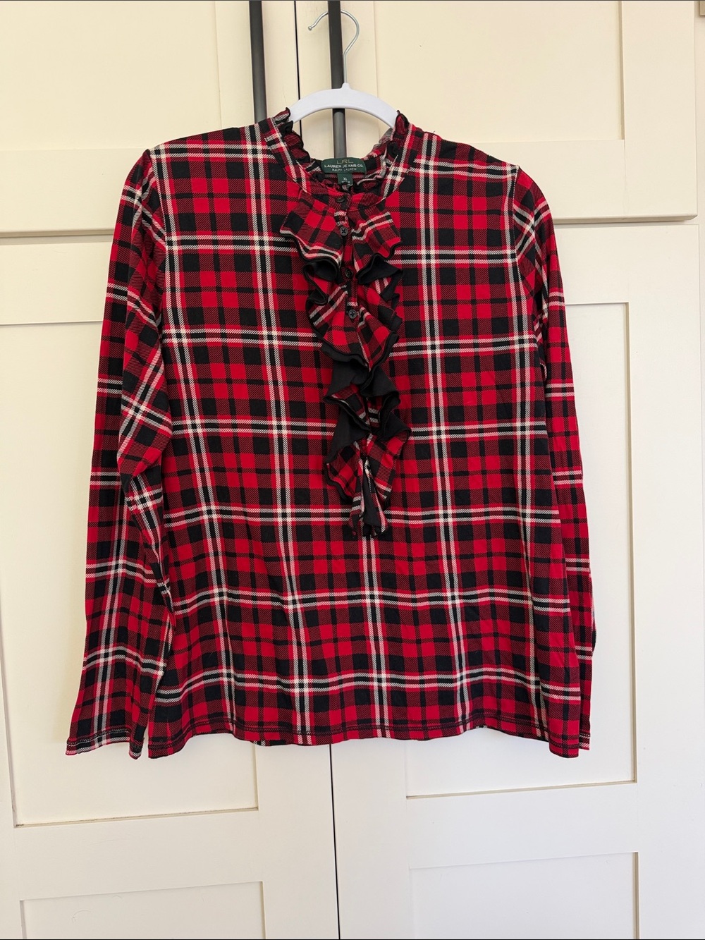 Vintage Lauren Jeans Co. by Ralph Lauren Plaid Ruffle-Front Long Sleeve Top